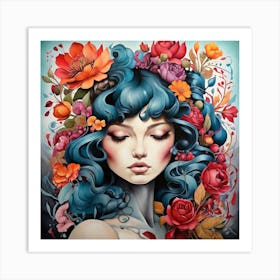 Woman With Flowers On Her Head 2 Art Print