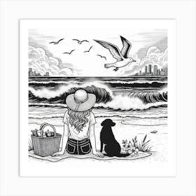 Line Art lady with a dog on the beach Art Print