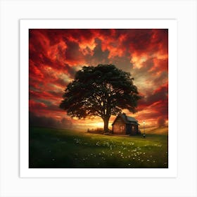 A Serene Countryside Landscape At Sunset With A Small Cozy Wooden Cottage Under A Large Majestic T 384679130 Art Print