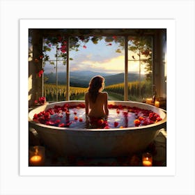 Contemporary Woman Luxuriating In A Standalone Bath Filled To The Brim With Vibrant Red Yellow An Art Print