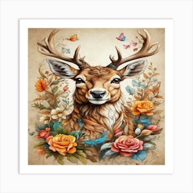 Deer With Flowers Art Print