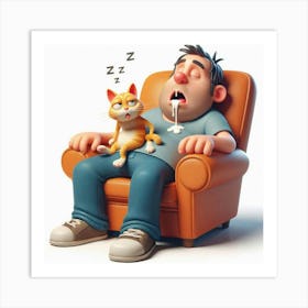 Sleepy Man With Cat Art Print