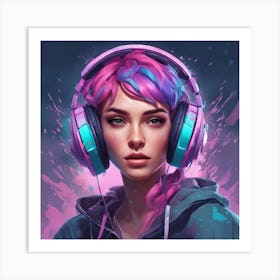 Pink Haired Girl With Headphones Art Print