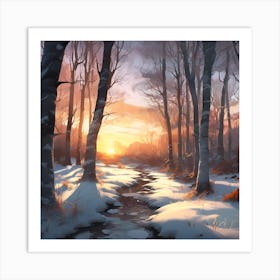 Winter Sunset across the Icy Woodland Stream Art Print