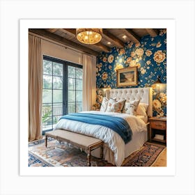 Bedroom With Floral Wallpaper 2 Art Print