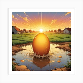 A Comic Book Style Illustration Of A Golden Egg Splashing Into A Puddle Of Water On A Farm At Sunset Art Print