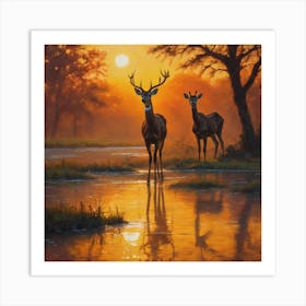 Deers sunset wall Art Print