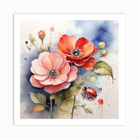 Ladybug And Anemones Art Print