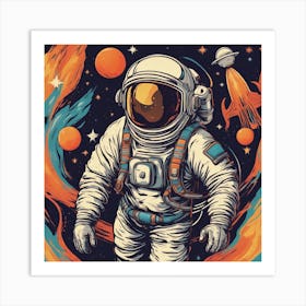 A Retro Style Astronaut Space, With Colorful Exhaust Flames And Stars In The Background Art Print