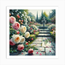 Roses In The Garden With The Fountain, Acrylic Style Painting 4 Art Print