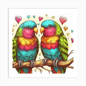 Line Art lovebirds parrots 1 Art Print