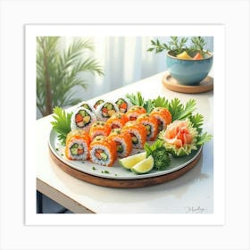 Watercolor Painting Of A Fresh And Light Summer Roll Platter On A Modern Dining Table Art Print