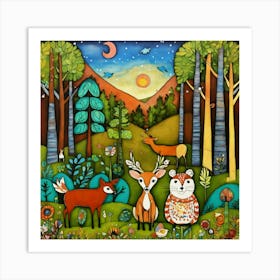 Art Drawing Forest And Animals Scene Folk Art Styl (6) Art Print