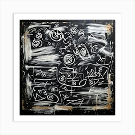 Abstract White Chalk And Black Wax Crayon Design Childrens Art Inspired Featuring Rough Strokes (7) Art Print