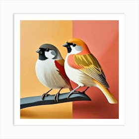 Firefly A Modern Illustration Of 2 Beautiful Sparrows Together In Neutral Colors Of Taupe, Gray, Tan (84) Art Print
