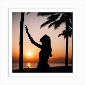 Silhouette Of A Woman At Sunset Art Print