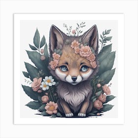 Cute Floral Wolf (2) Art Print