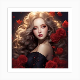 Girl With Red Roses Art Print