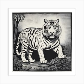 Linocut Tiger In The Forest Art Print