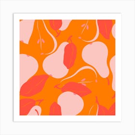 Pattern With Bright Pink Pears On Orange Square Art Print