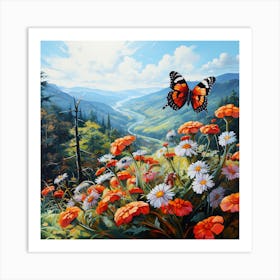 Butterfly & Flowers Above The Valley 1 Art Print