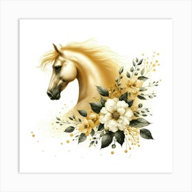 Golden Horse With Flowers 1 Art Print