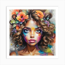 Colorful Girl With Flowers Art Print