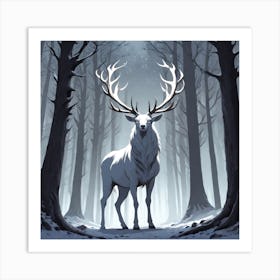 A White Stag In A Fog Forest In Minimalist Style Square Composition 48 Art Print