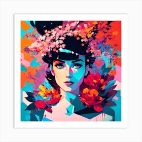 Girl With Flowers On Her Head Art Print