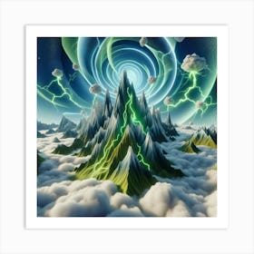 3 Dimensional Mountains With Multiple Green Lightning And White Swirls In A Vortex Of Clouds 2 Art Print