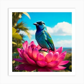 Bird On Lotus Flower Art Print