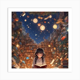 Girl Reading A Book #Science Fiction Library Art Print