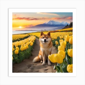 Shiba Inu in Yellow Tulips Garden Art Print