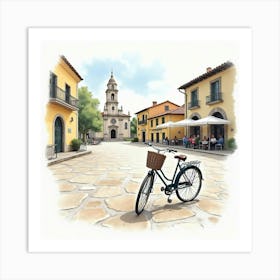 Classic Bike Near A Historic Village Square Watercolor Scene 1 Art Print