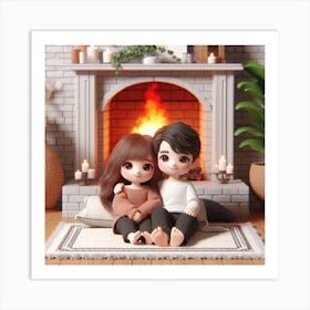 Serene Couple Sitting In Front Of Fireplace Art Print