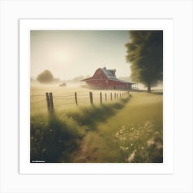 Red Barn In The Mist 1 Art Print