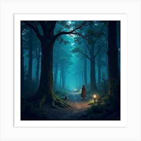 Enchanted Forest With Glowing Trees And Mythical Creatures Wandering Through 1 Art Print