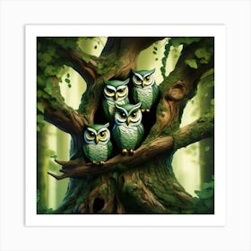 Owls Nesting In An Ancient Oak Tree Art Print