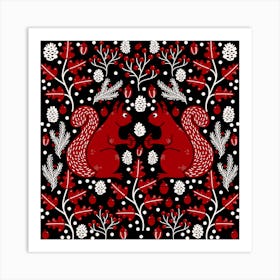 Red Squirrels in a Dark Forest Art Print