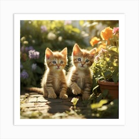 Cute Kittens In The Garden paintings art print Art Print