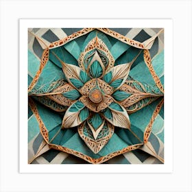 Firefly Beautiful Modern Detailed Floral Indian Mosaic Mandala Pattern In Neutral Gray, Teal, Charco Art Print