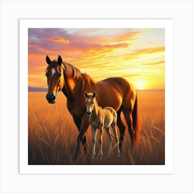 Horse And Foal At Sunset 8 Art Print