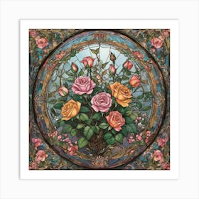 A close up of a stained glass window with a rose in it, Pink Roses In A Vase Art Print