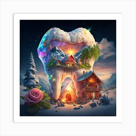 , a house in the shape of giant teeth made of crystal with neon lights and various flowers 4 Art Print