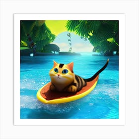 Cute Cat Surfing Illustration Art Print