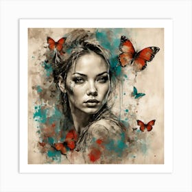 Girl with Butterflies Watercolour Portrait Art Print