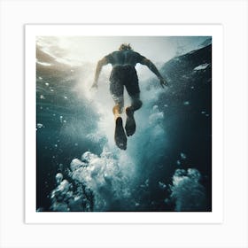 Surfer In The Water - Into the Water: A diver plunging into the ocean, with the water splashing all around them. The scene is captured from the diver's point of view, giving the viewer a sense of exhilaration and adventure. Art Print