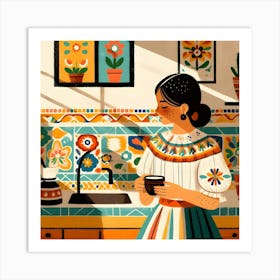 Mexican Girl in The Kitchen with a Cup of Coffee Art Print