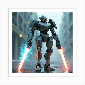 Futuristic Mech Warrior With Glowing Energy Blades 1 Art Print