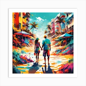 A Couple's Stroll To The Beach Art Print